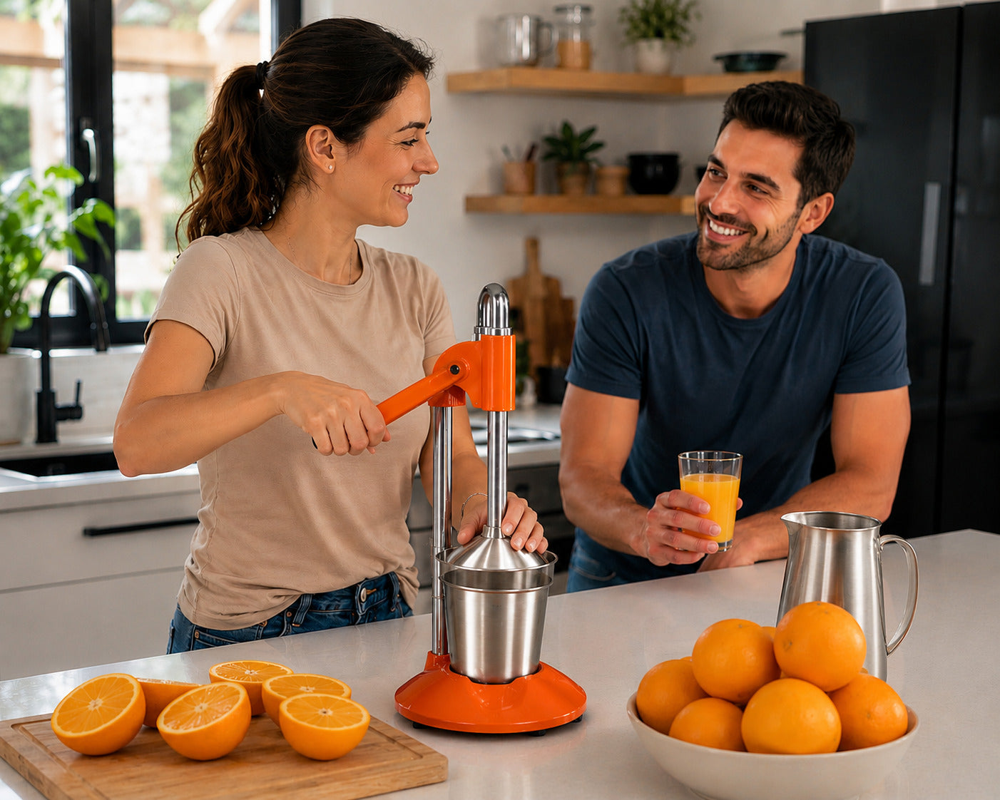 Une femme prépare un jus d'oranges frais pour son mari avec son presse agrumes orange