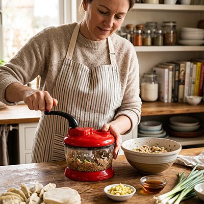 Une femme prépare une salade dans son hachoir, dans un décor moderne antique.