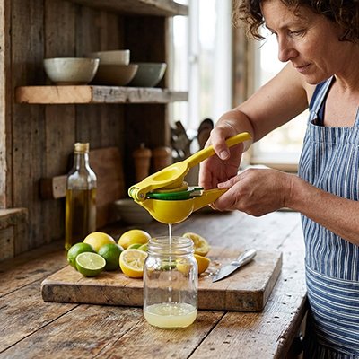 Une femme répare un pot de jus de lime et citrons frais avec son presse agrumes.