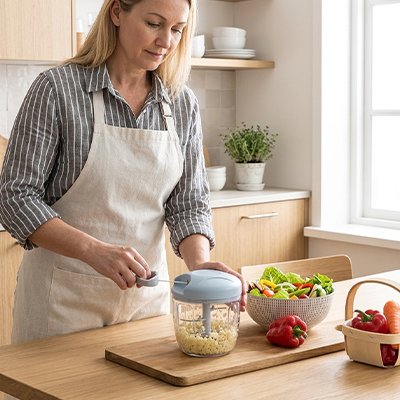 Une femme avec son tablier en lin, prépare une salade dans une cuisine bien ensoleillée, avec son hachoir grande capacité transparent au couvercle bleu