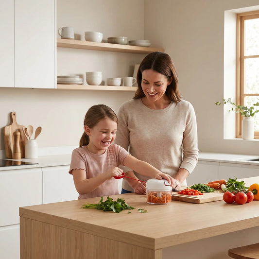 Une maman supervise sa fillette qui tire sur le cordon du mini hachoir pour préparer une salsa