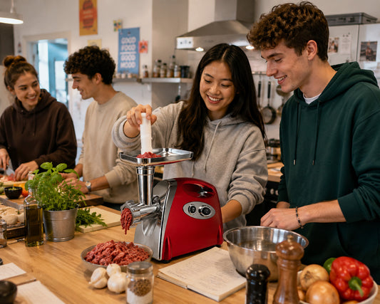 Des étudiants utilisent un hachoir à viande électrique 700 W rouge dans une cuisine collective pour préparer un repas ensemble.