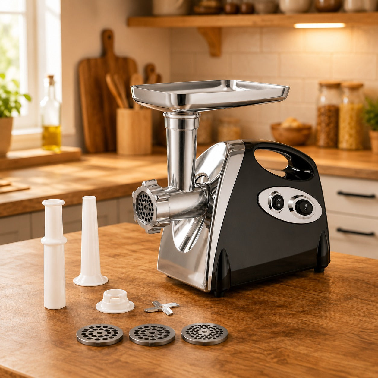 Hachoir à viande électrique 700 W noir présenté dans une cuisine chaleureuse avec ses accessoires