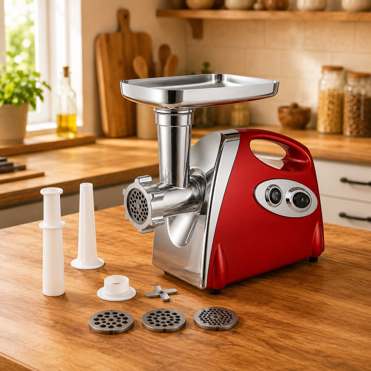 Hachoir à viande électrique 700 W rouge présenté dans une cuisine chaleureuse avec ses accessoires