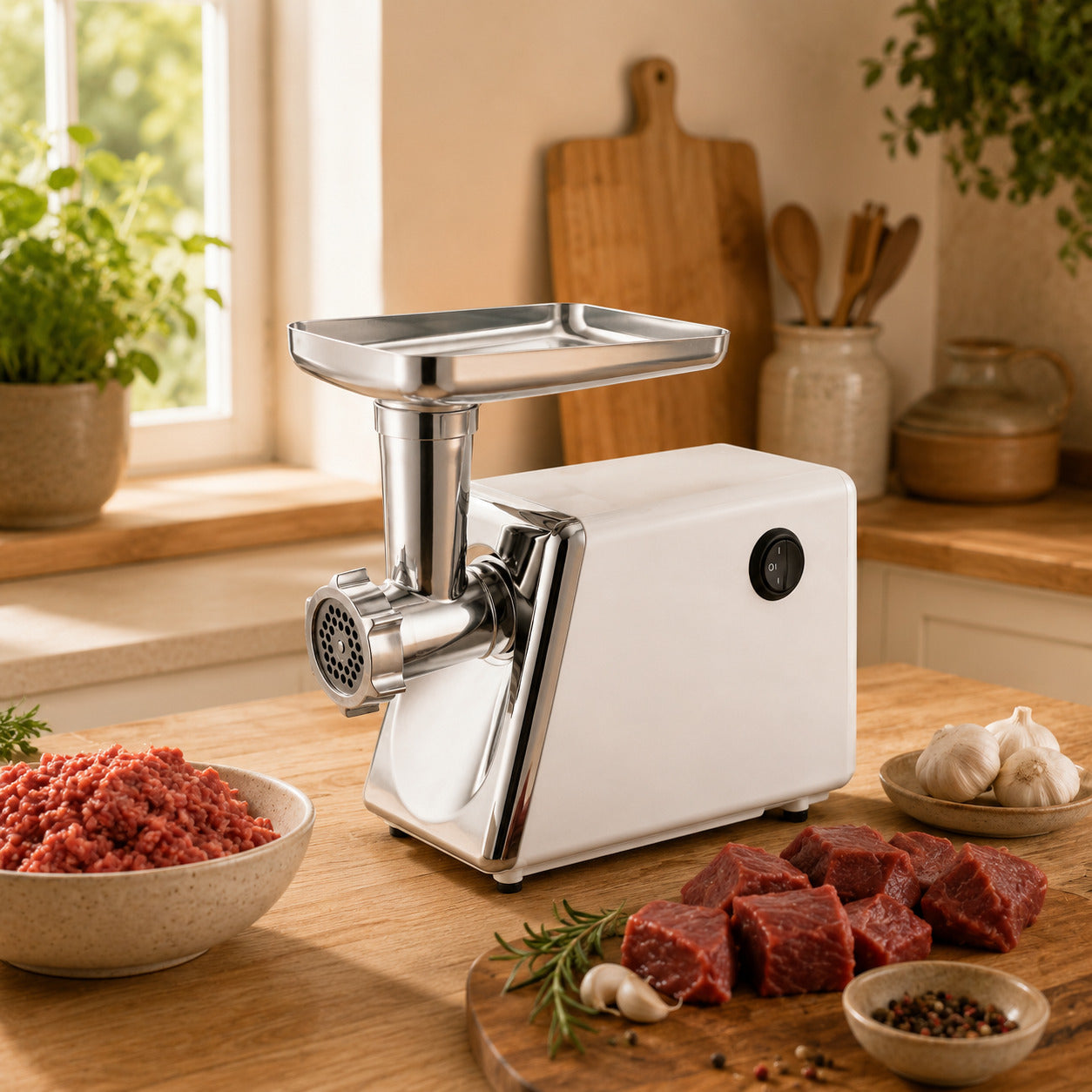 Hachoir à viande électrique présenté dans une cuisine chaleureuse prêt à préparer des recettes maison.