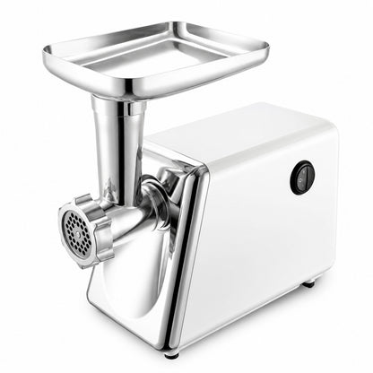 Hachoir à viande électrique blanc et chrome présenté sur fond blanc.