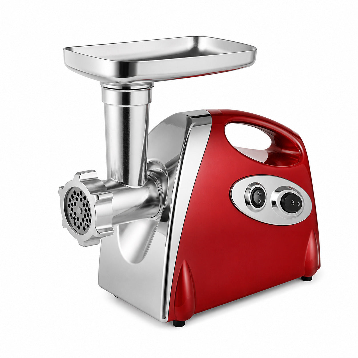 Hachoir à viande électrique 700 W rouge présenté sur fond blanc.