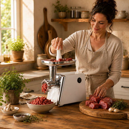 Une femme utilise un hachoir à viande électrique pour préparer de la viande hachée dans une cuisine conviviale.