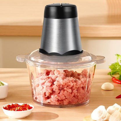 Préparation de jambon haché qu'on peut voir au travers du bol en verre 2 litres du hachoir électrique 300 watts
