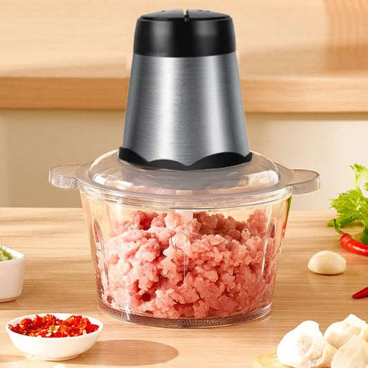 Préparation de jambon haché qu'on peut voir au travers du bol en verre 2 litres du hachoir électrique 300 watts