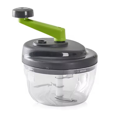 Hachoir manuel 520 ml montrant son bol transparent, couvercle gris et poignée rotative vert lime sur fond blanc