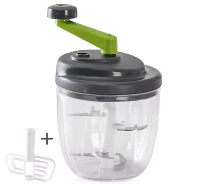 Hachoir manuel 900 ml montrant son bol transparent, couvercle gris et poignée rotative vert lime, avec le cadeau du fouet blanc, sur fond blanc