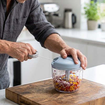 Un homme prépare une salsa avec son hachoir manuel grande capacité bleu clair, sur un bloc de boucher en bois