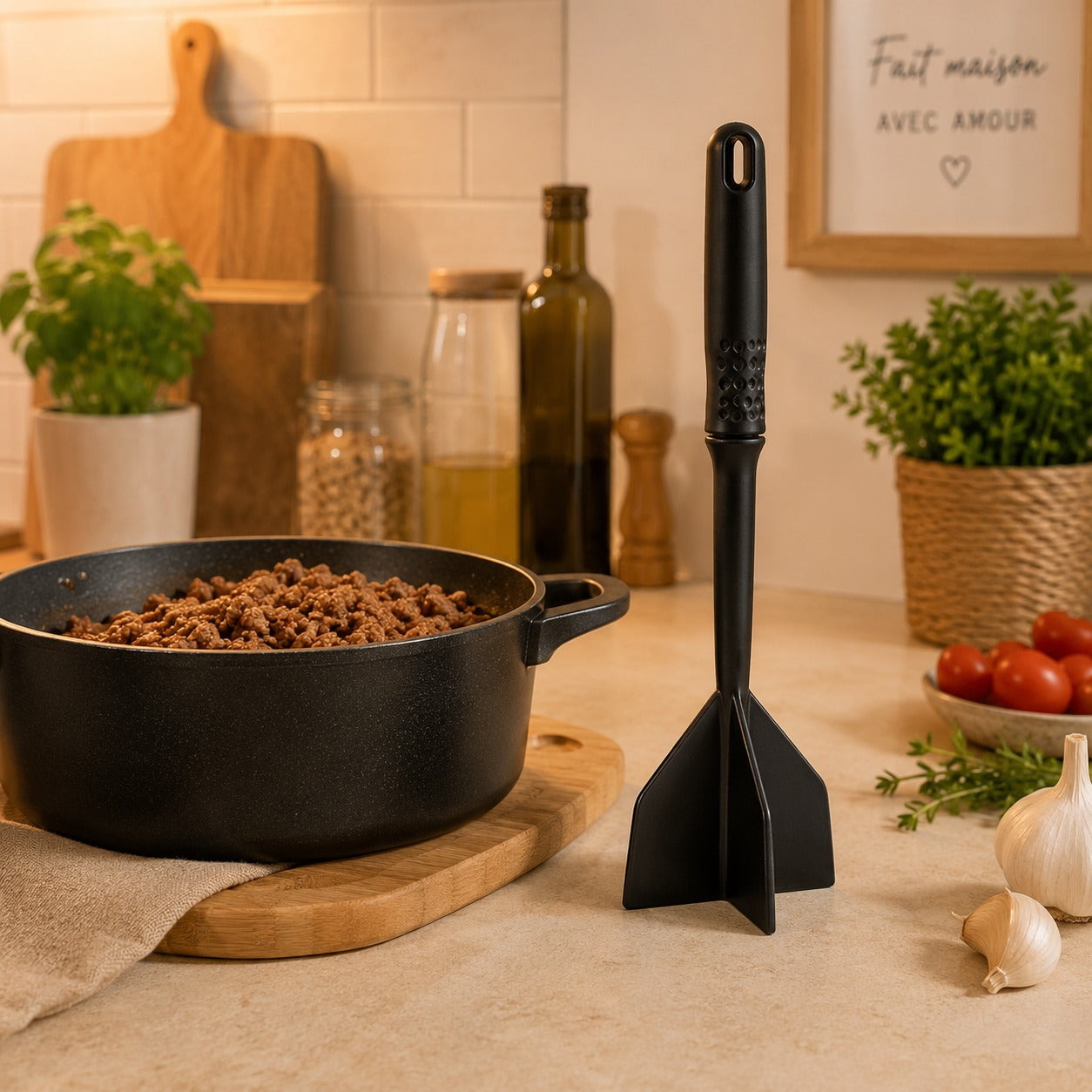 Hachoir à viande manuel noir à 4 pales posé sur un comptoir près d'une casserole de viande hachée dans une cuisine moderne.