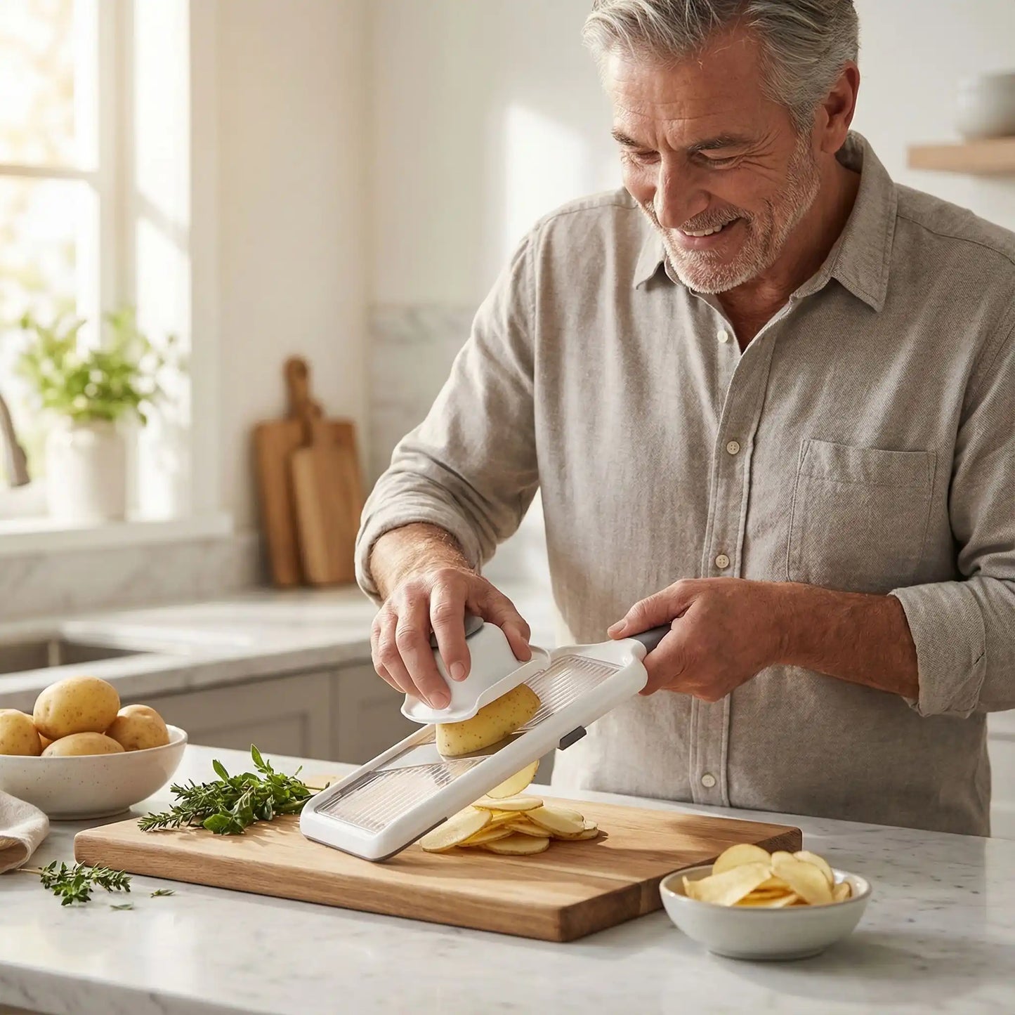 Un homme grisonnant en train de se trancher une pomme de terre pour faire des chips avec son coupe légumes mandoline ProSlice
