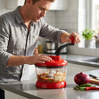 Un jeune homme en santé hache des légumes dans son hachoir robuste. Il est dans une cuisine moderne aux tons gris et blancs.