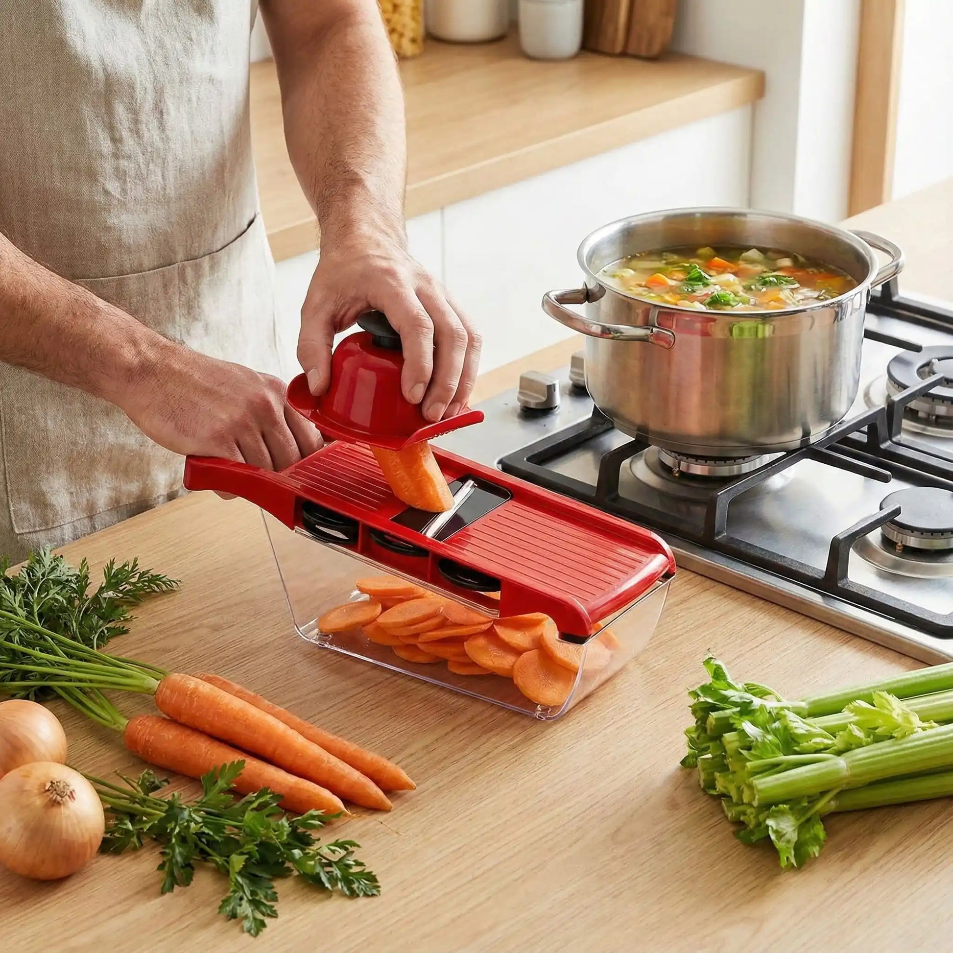 Homme montre la prise ergonomique du protège-main de sa mandoline en tranchant une carotte pour faire une soupe sur sa gazinière