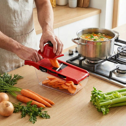 Homme montre la prise ergonomique du protège-main de sa mandoline en tranchant une carotte pour faire une soupe sur sa gazinière