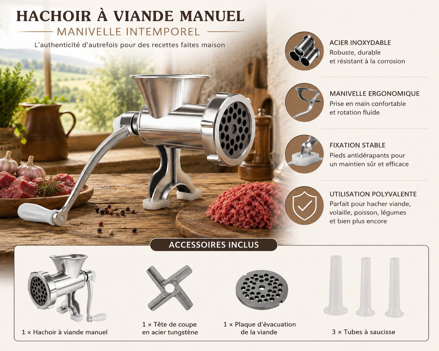 Image sur laquelle il y a des écritures indiquant plus d'informations sur les accessoires inclus et tubes à saucisse en plus de la présentation en image du hachoir à viande manuel dans un décor campagne