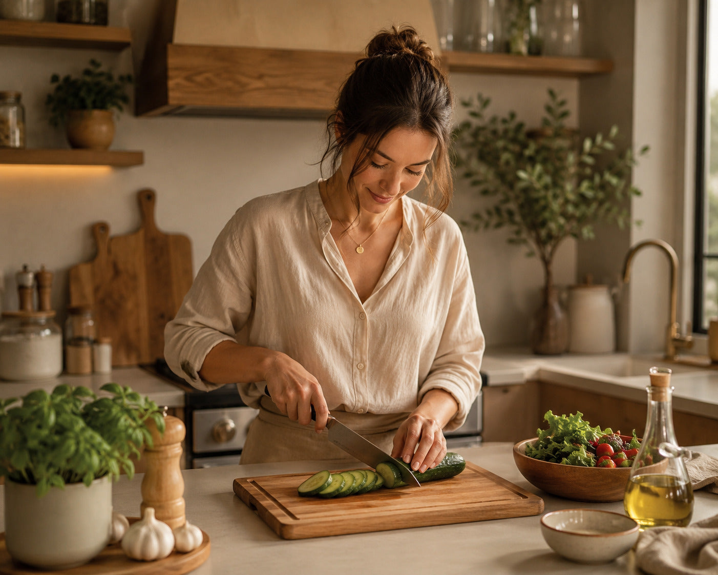 Une jeune femme dans une joli cuisine aux tons chauds, tranche un concombre sur a planche à découper en bois d'acacia