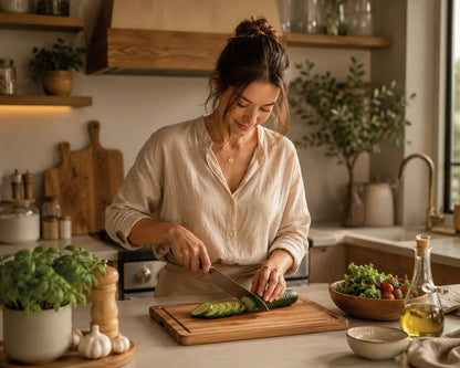 Une jeune femme dans une joli cuisine aux tons chauds, tranche un concombre sur a planche à découper en bois d'acacia