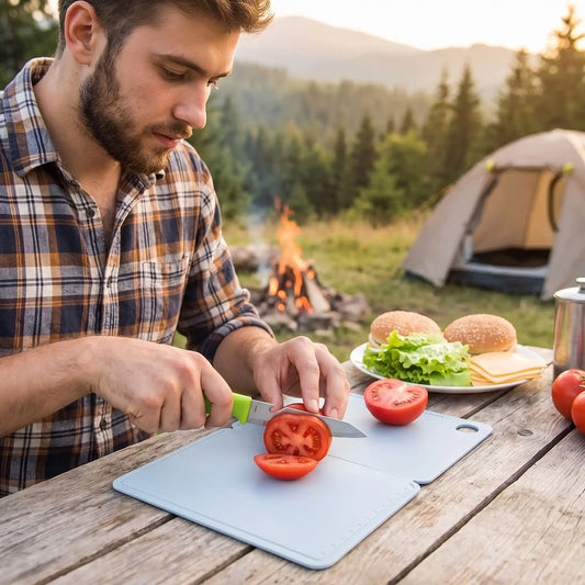 Un jeune homme tranche une tomate sur sa planche à découper bleue claire, pour mettre dans son hamburger. Il est en camping, sur une table à pique nique en bois