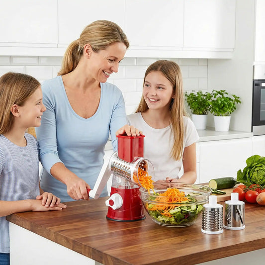 Une mère et ses deux filles préparent une salade en râpant une carotte dans le coupe légumes RollVeggies rouge