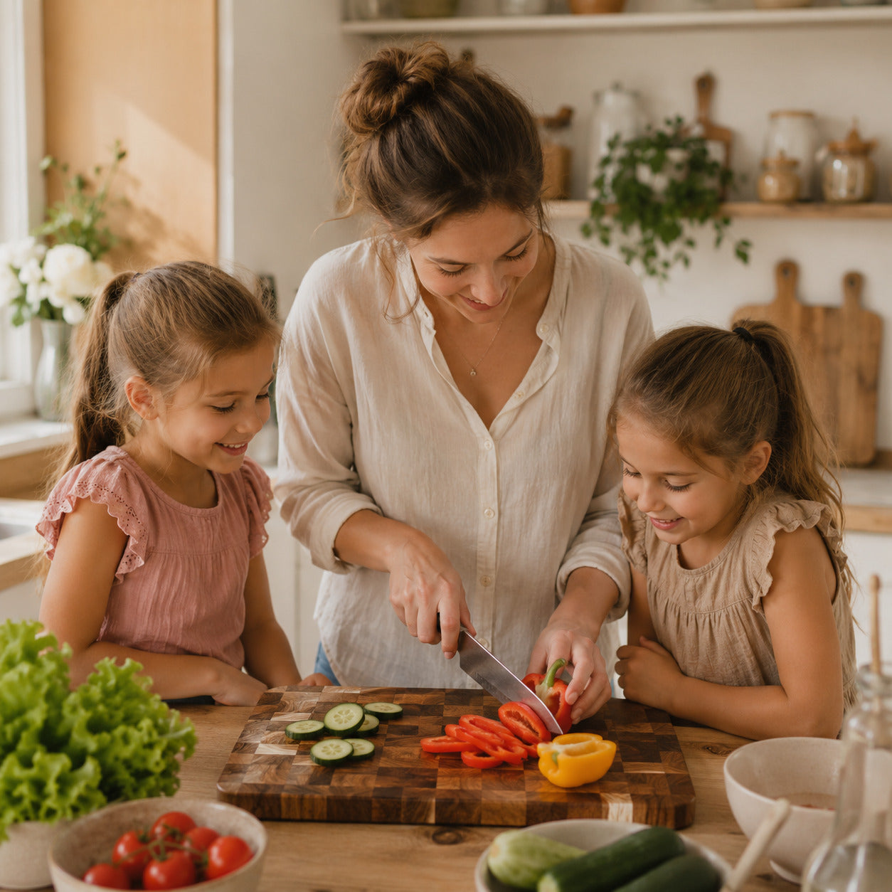 Une maman prépare le repas avec ses deux jeunes filles autour d'une planche à découper en bois damier transversal dans une cuisine lumineuse.