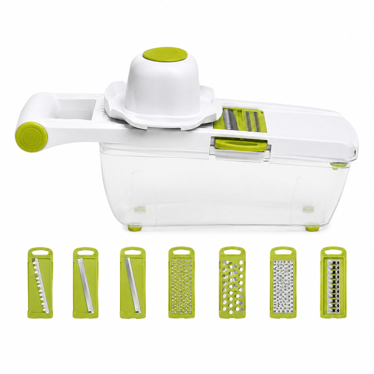 Mandoline blanche et verte avec ses 8 lames, montée sur son contenant mi-transparent montré sur fond blanc