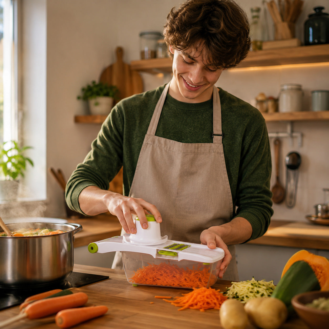 Un jeune homme prépare une soupe aux légumes avec sa mandoline blanche et verte, dans une cuisine aux tons chauds