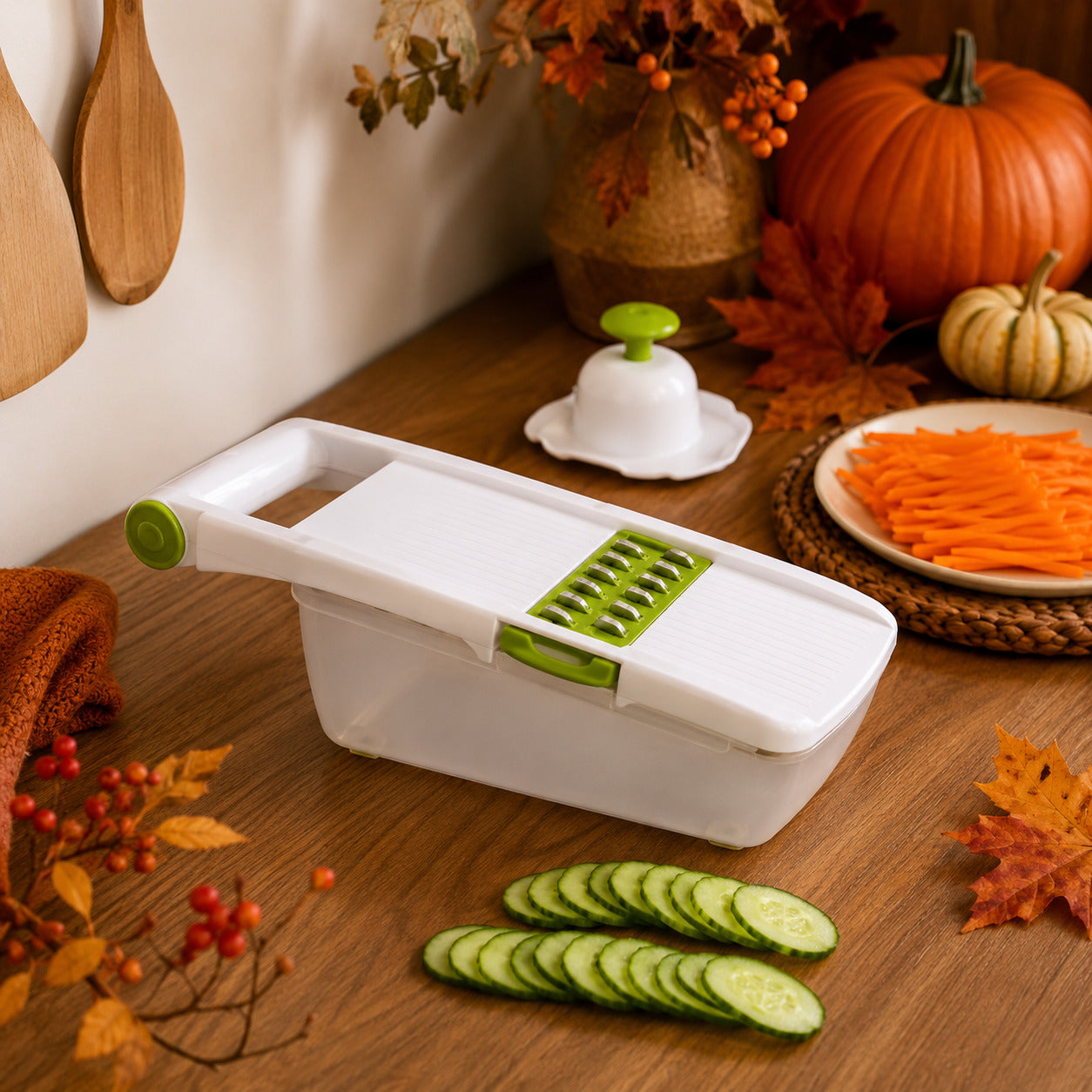 Mandoline blanche et verte montrée sur son contenant mi-transparent dans un décor automnal entouré de légumes tranchés