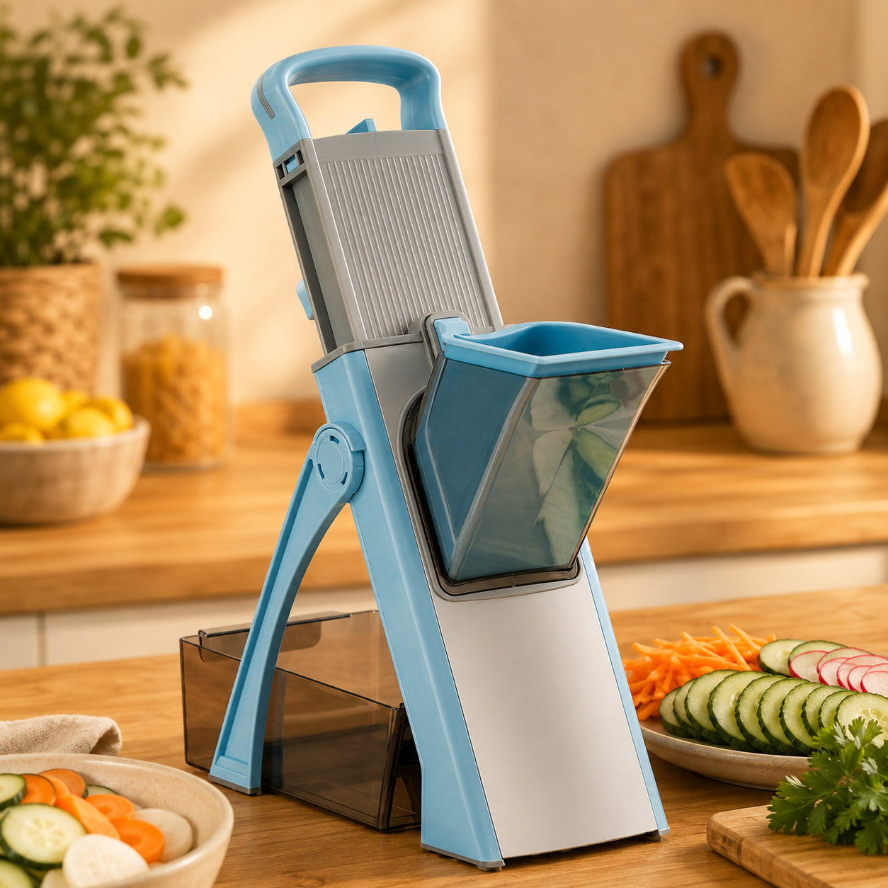 Mandoline cuisine sécuritaire bleue présentée dans un décor chaleureux