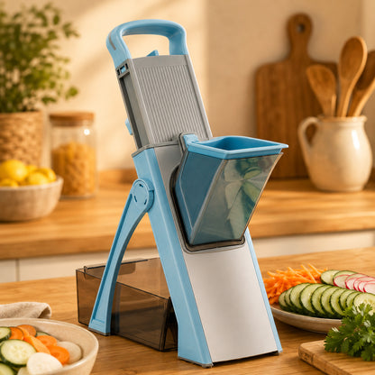 Mandoline cuisine sécuritaire bleue présentée dans un décor chaleureux