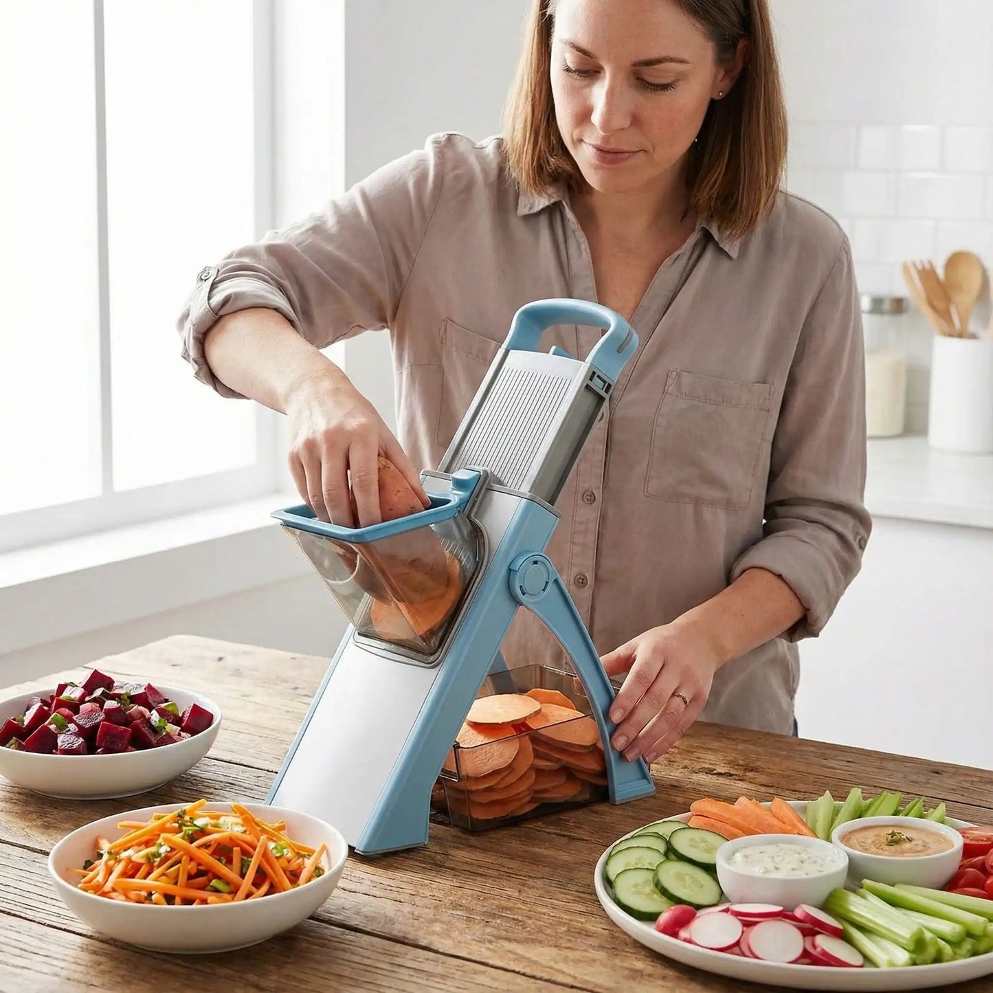 Une femme présente les diverses coupes que la mandoline cuisine ergonomique bleue peut faire. Cubes, lamelle, julienne, chips...