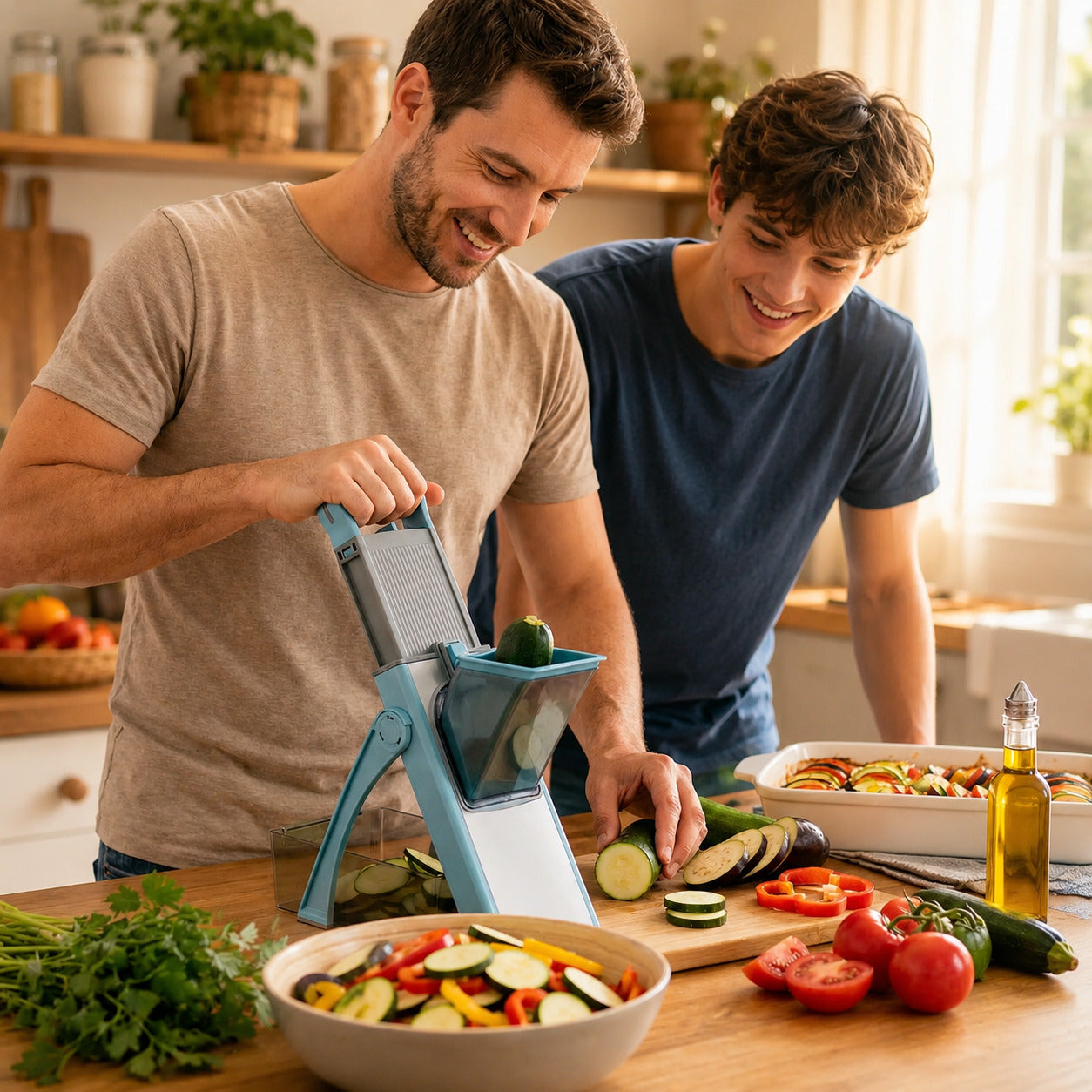 Un père cuisine une ratatouille avec son fils avec sa mandoline cuisine sécuritaire bleue 
