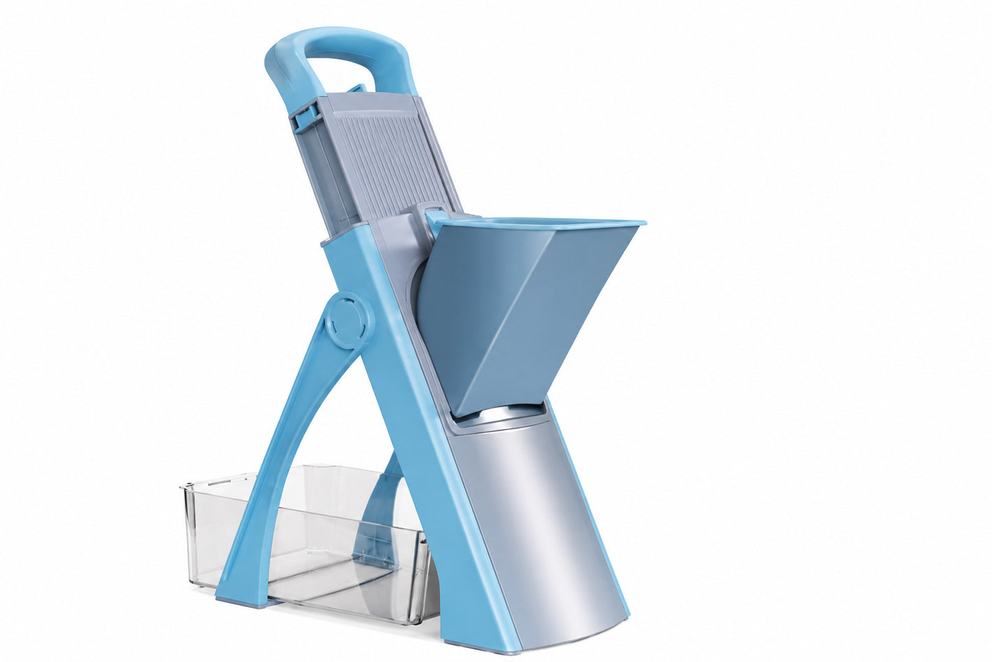Mandoline cuisine sécuritaire bleue présentée sur fond blanc