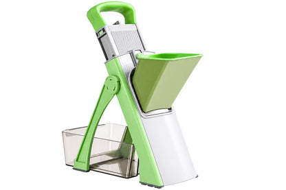 Mandoline cuisine sécuritaire verte présentée sur fond blanc