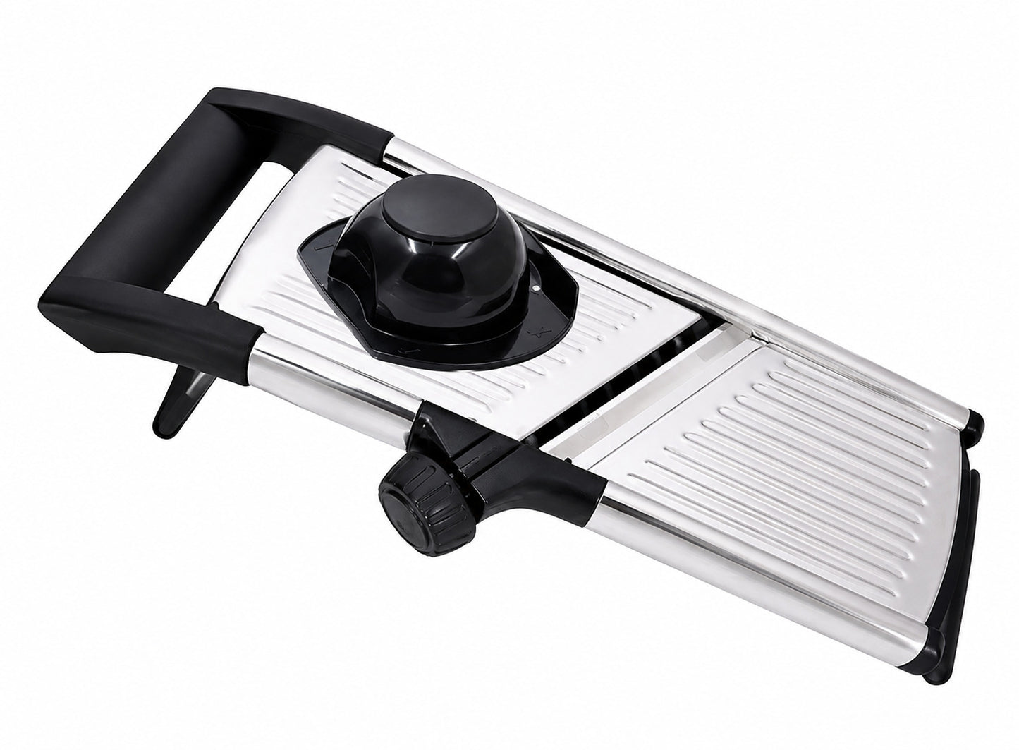 Mandoline cuisine en inox qualité Premium à 6 lames réglables avec son poussoir, sur fond blanc