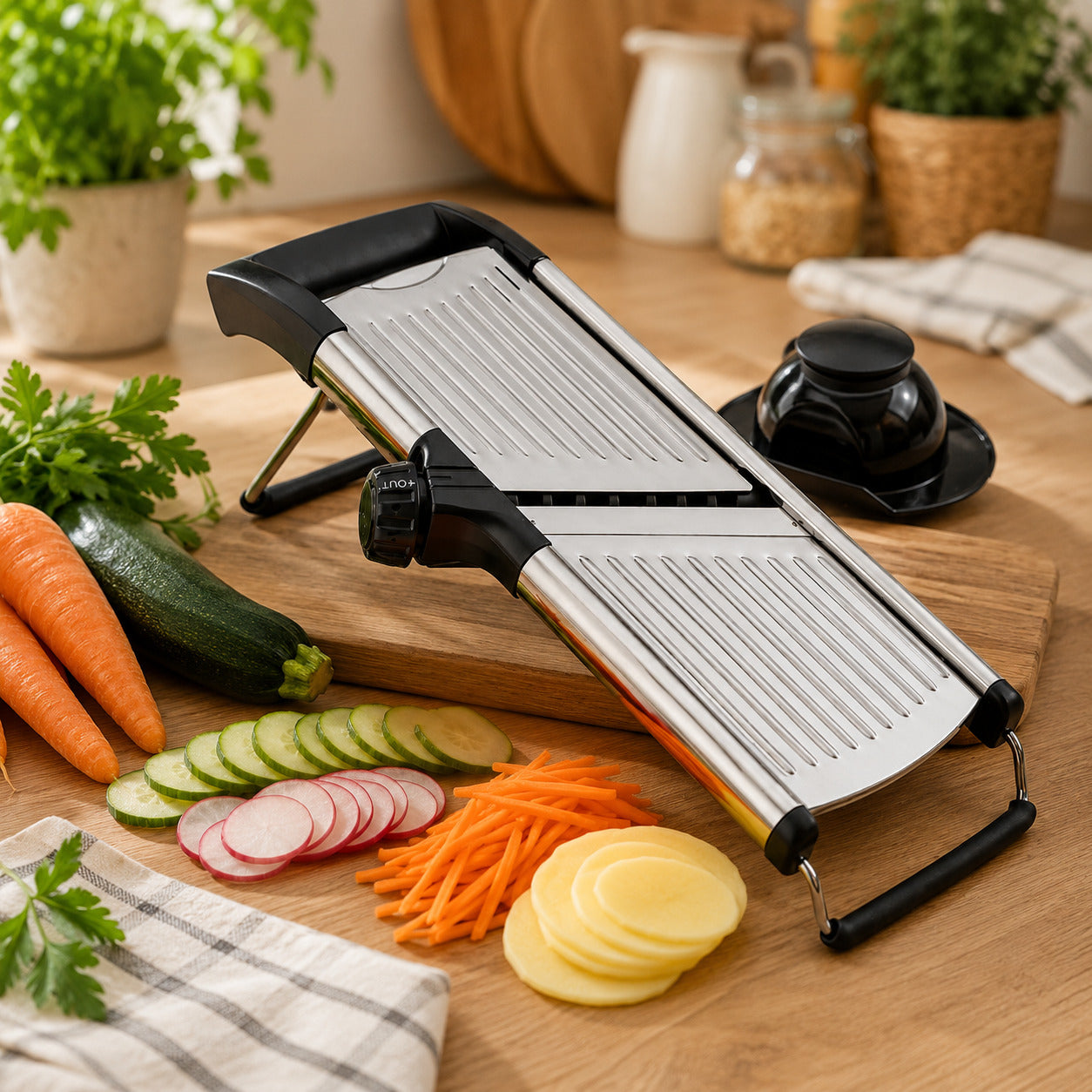 Mandoline cuisine en inox qualité Premium avec son protège-doigts poussoir présenté sur une planche à découper entouré de légumes taillés de différentes façons