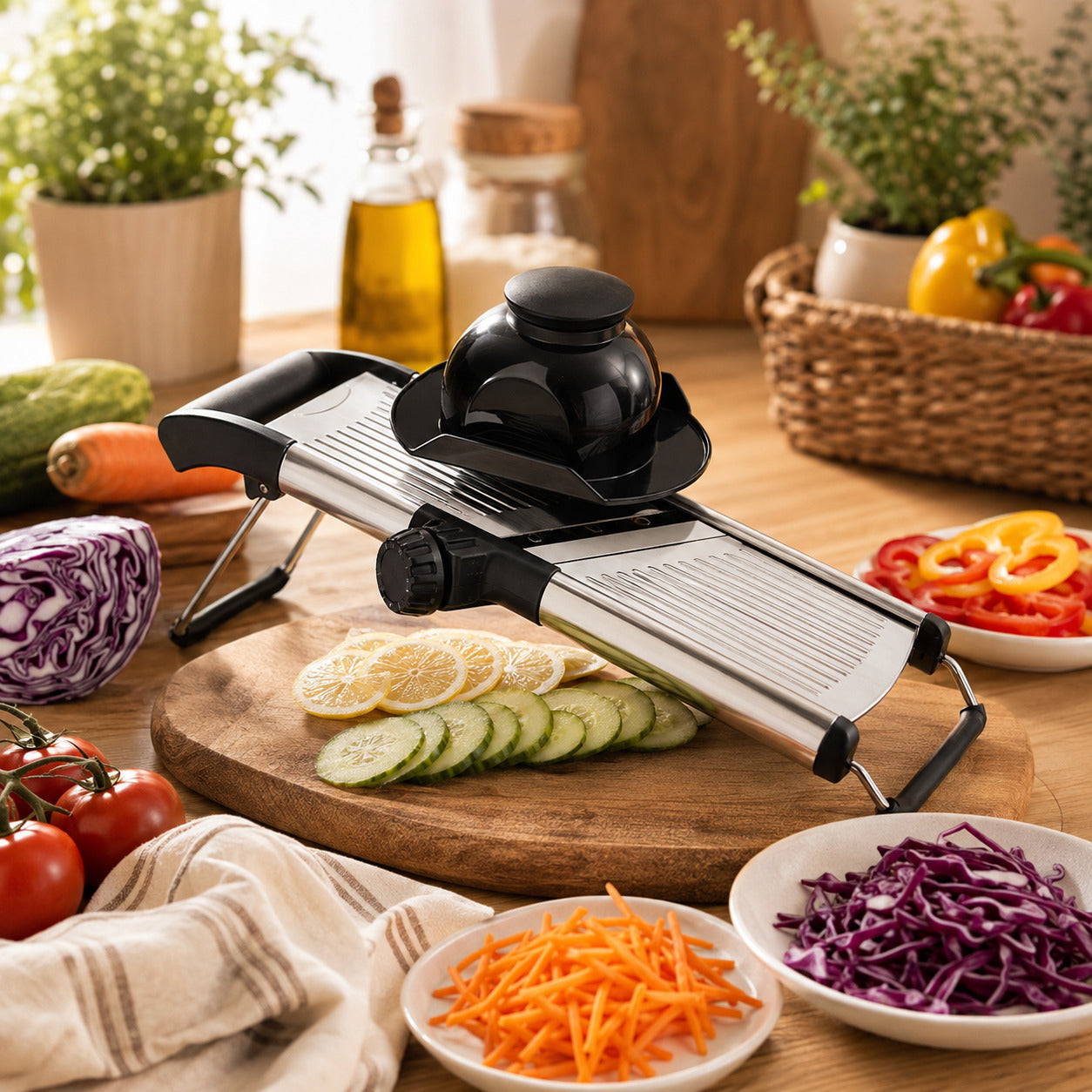 Mandoline cuisine en inox qualité Premium présenté entouré de légumes sur une planche à découper en bois