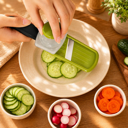 Image de proche montrant la petite mandoline cuisine verte à poignée noire. Une femme tranche un concombre dans une cuisine au décor chaleureux