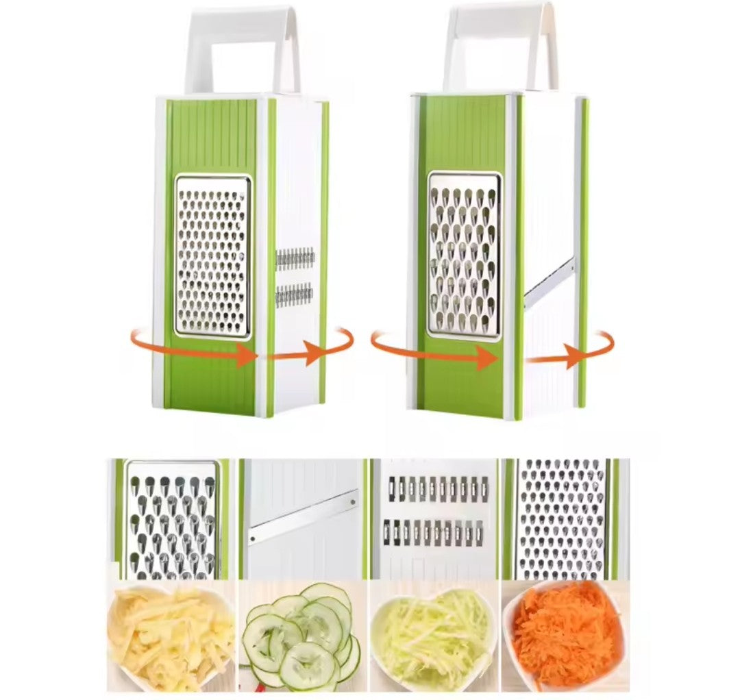 Image de la mandoline cuisine quatre faces verte et blanche, montrant les 4 différentes lames et les styles de coupes, sur fond blanc.