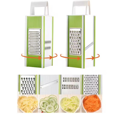 Image de la mandoline cuisine quatre faces verte et blanche, montrant les 4 différentes lames et les styles de coupes, sur fond blanc.
