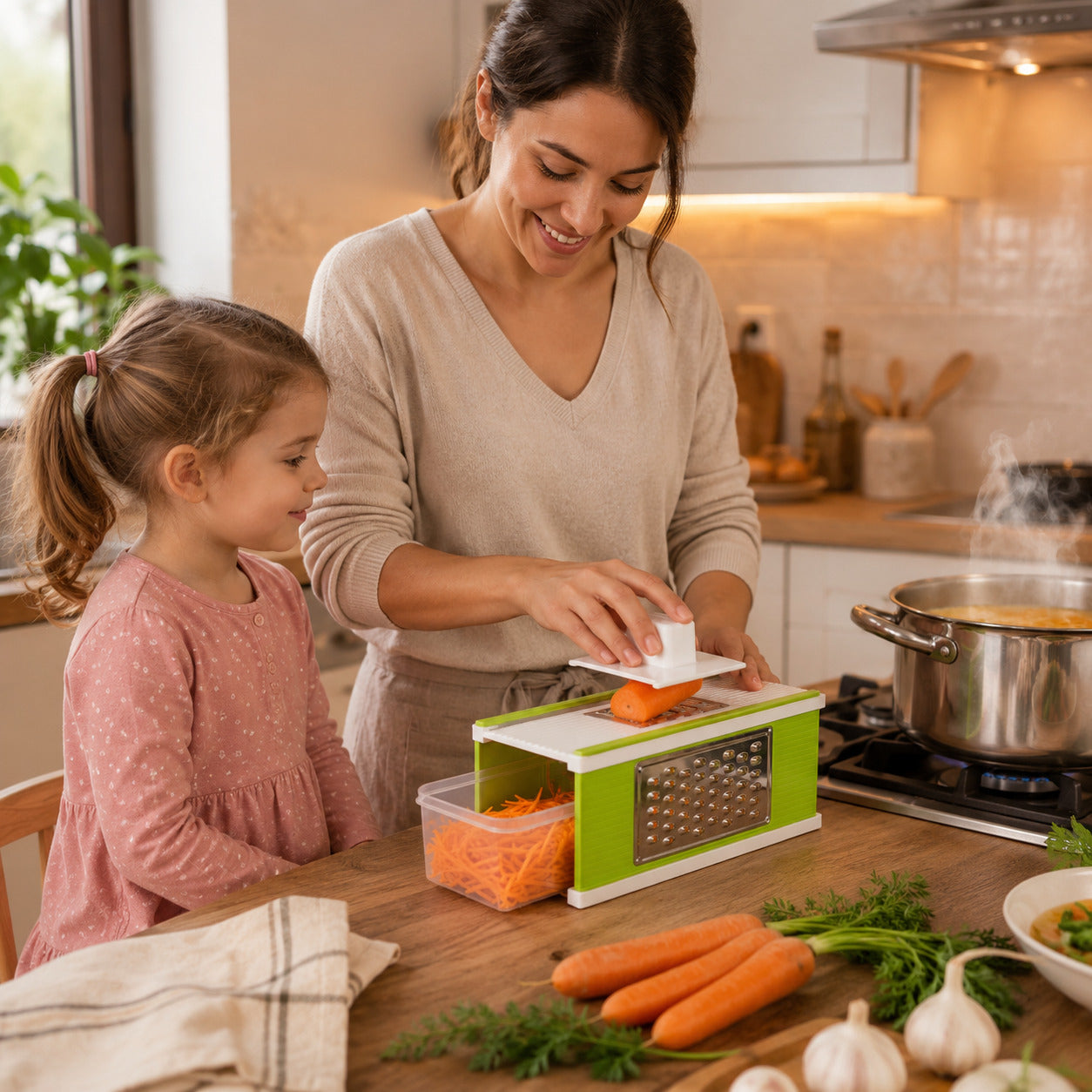 Une maman râpe une carotte sur sa mandoline cuisine quatre faces verte et blanche, pour préparer une soupe aux légumes avec sa fillette.