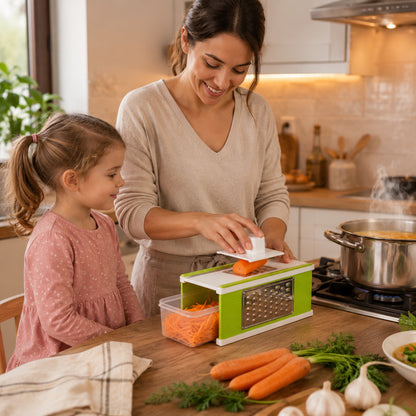 Une maman râpe une carotte sur sa mandoline cuisine quatre faces verte et blanche, pour préparer une soupe aux légumes avec sa fillette.