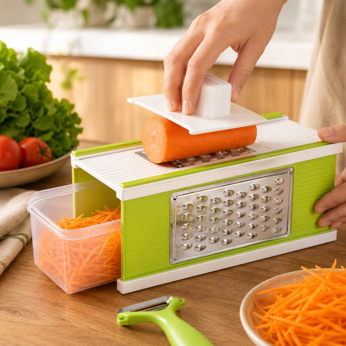Image de la mandoline cuisine en abs et acier inoxydable verte et blanche vue de proche, main qui râpe une carotte et les juliennes tombent dans le contenant mi transparent dessous. On voit aussi l'éplucheur compris.