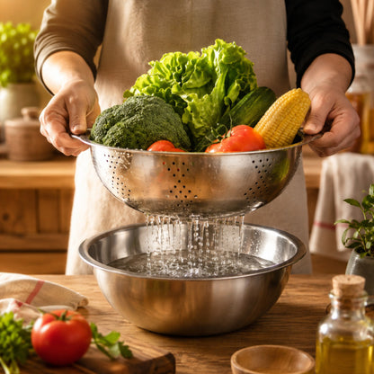 présentation de la passoire qui rince des légumes dans le cul-de-poule, dans un déco chaleureux