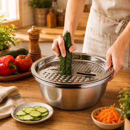 vue de proche d'une femme qui tranche un concombre sur la mandoline cuisine déposée sur son cul-de-poule