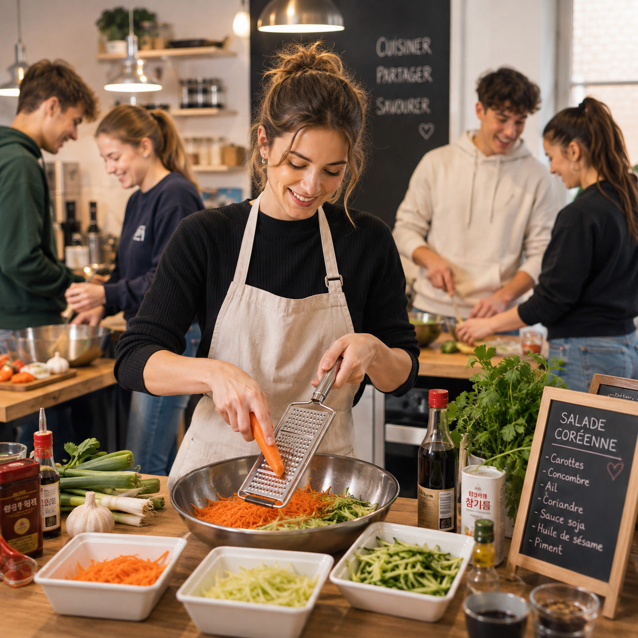 Une jeune femme râpe une carotte dans une cuisine collective pour préparer une salade coréenne.