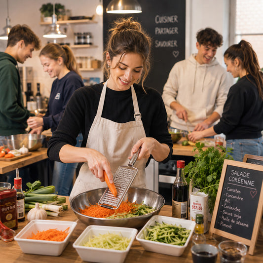 Une jeune femme râpe une carotte dans une cuisine collective pour préparer une salade coréenne.